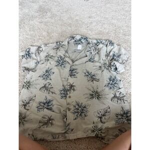 Silk Tropical hawaiian Shirt Batik Bay Vintage Beige Leaf Print Short Sleeve XL